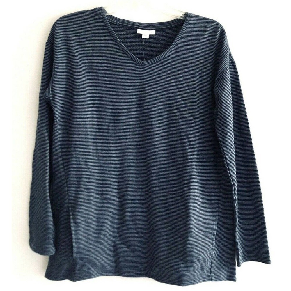 Purejill J Jill | Stripe V-neck Top Womens Size XS Blue Cotton Kangaroo Pocket